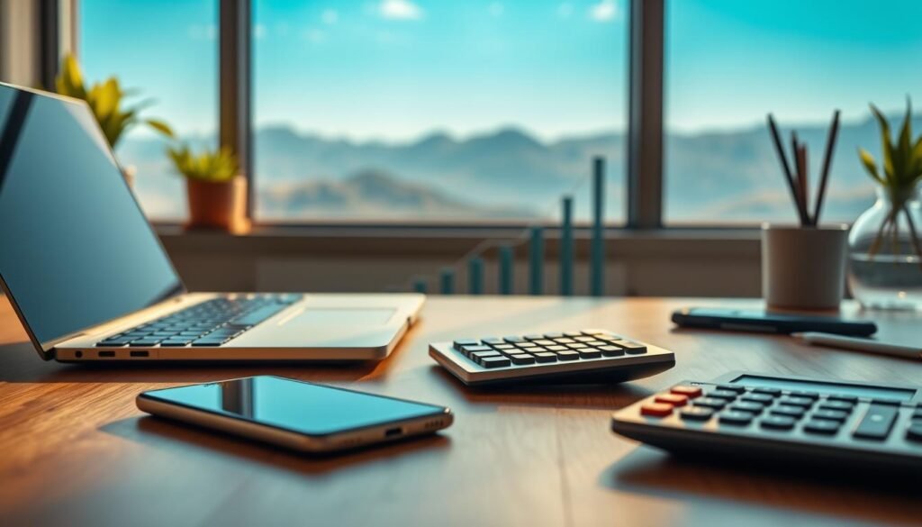A serene office scene with a laptop, smartphone, and calculator on a wooden desk. The foreground showcases traditional monetization channels such as display ads, affiliate marketing, and sponsored content. The middle ground features a graph or chart visualizing revenue streams. The background has a minimalist landscape with mountains and a blue sky, conveying a sense of growth and opportunity. Warm, natural lighting casts a soft glow, and the composition uses a shallow depth of field to focus attention on the key elements. The overall mood is one of thoughtful contemplation and strategic planning for monetizing AI-generated blog content.