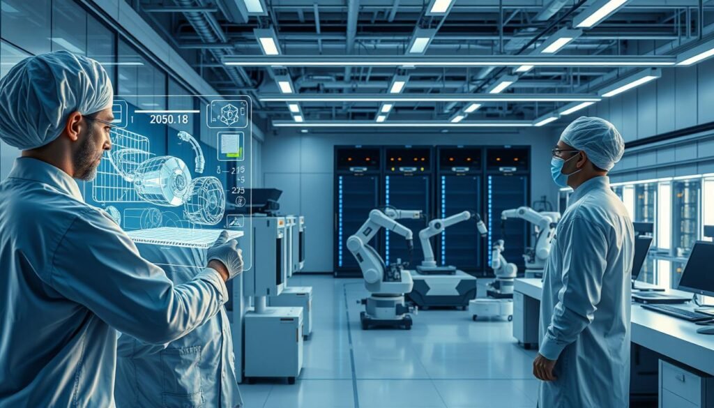 A sleek, futuristic engineering lab with advanced AI-powered workstations. In the foreground, a holographic interface displays intricate 3D models and data visualizations. Engineers in clean-room attire examine the hologram, their faces illuminated by the soft, ambient lighting. In the middle ground, rows of sophisticated machines and robotic arms perform precise simulations and manufacturing tasks, their movements choreographed by intelligent control systems. The background features towering server racks and state-of-the-art computational hardware, the pulsing lights and steady hum underscoring the power of machine learning in driving innovation across the engineering landscape.