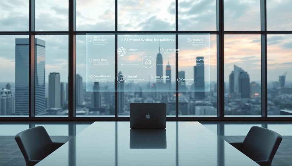 A sleek, modern office with floor-to-ceiling windows, bathed in soft, diffused lighting. In the center, a minimalist desk with a sleek laptop and a holographic display showcasing various AI monetization platform policies. The background is a cityscape, with skyscrapers and a vibrant, futuristic skyline. The overall mood is one of innovation, technology, and the potential for AI-driven content monetization.