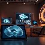 A sleek, modern workspace filled with cutting-edge generative design tools. In the foreground, a digital tablet displays a fluid, organic 3D model, its shape evolving dynamically through algorithmic exploration. The middle ground features a high-resolution rendering workstation, its screens showcasing a complex parametric design simulation. In the background, a large, curved display projects a vibrant, data-driven visualization, hinting at the powerful AI-driven capabilities that redefine the creative and efficient design process. Warm, directional lighting casts a subtle glow, emphasizing the precision and sophistication of this AI-enhanced design ecosystem.