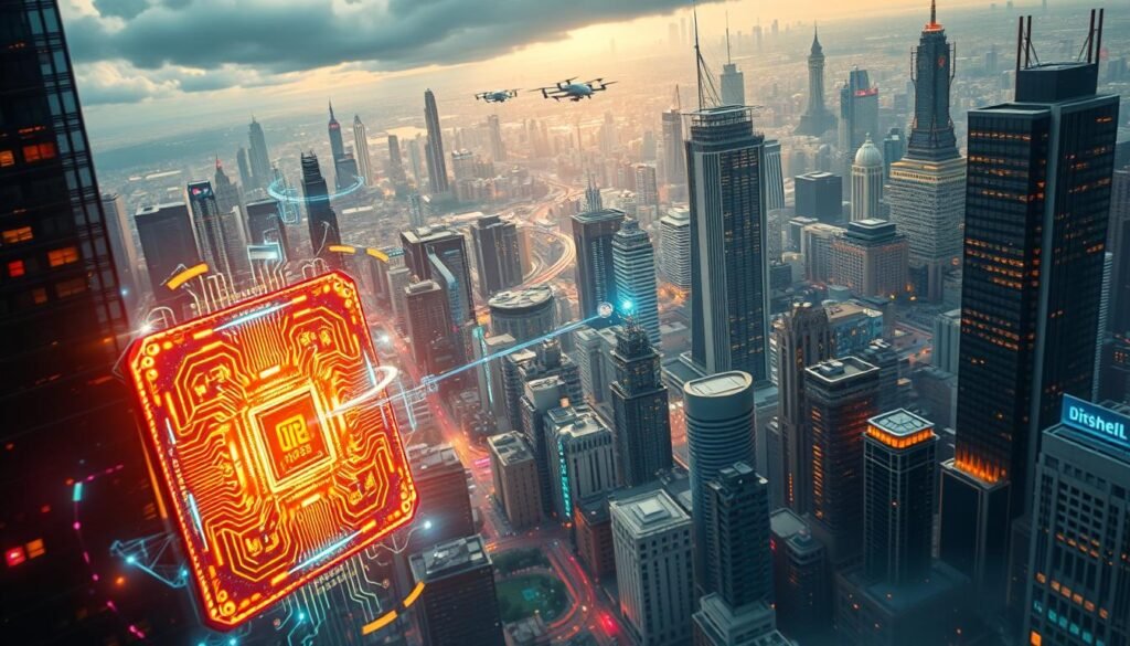 A sprawling cityscape in the year 2025, where skyscrapers and quantum computing hubs coexist. In the foreground, a gleaming quantum processor, its intricate circuits and multi-colored lights casting a mesmerizing glow. Surrounding it, holographic interfaces and displays showcase the real-time impact of quantum algorithms on data analysis, cryptography, and scientific breakthroughs. In the middle ground, autonomous vehicles and drones zip through the air, powered by quantum-enhanced navigation and sensing technologies. The background is a panorama of futuristic architecture, with towering spires and domes housing research labs and data centers, all working in harmony to push the boundaries of what's possible with quantum computing.