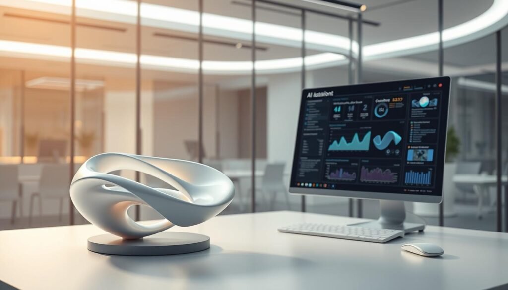 A state-of-the-art AI design assistant commands a sleek, minimalist workstation. In the foreground, a 3D model of an innovative product design hovers, its intricate form and curves meticulously optimized through generative algorithms. In the middle ground, the AI assistant's display showcases a visual dashboard, alive with real-time performance metrics, design iterations, and cost-efficient manufacturing recommendations. The background depicts a futuristic, glass-walled office, bathed in soft, directional lighting that accentuates the elegant, high-tech aesthetics. An atmosphere of seamless human-AI collaboration pervades the scene, hinting at the transformative power of AI in automating repetitive design tasks and empowering designers to explore bold, innovative concepts.