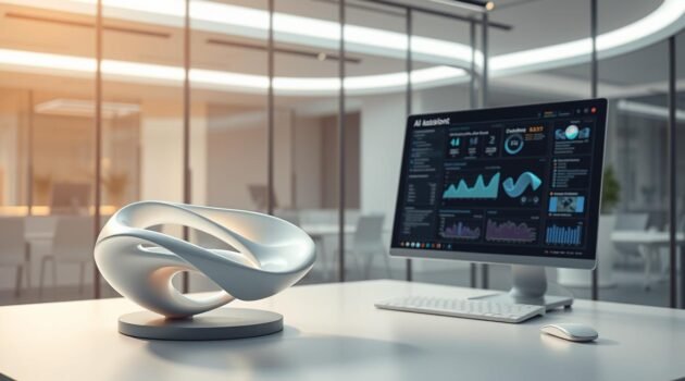 A state-of-the-art AI design assistant commands a sleek, minimalist workstation. In the foreground, a 3D model of an innovative product design hovers, its intricate form and curves meticulously optimized through generative algorithms. In the middle ground, the AI assistant's display showcases a visual dashboard, alive with real-time performance metrics, design iterations, and cost-efficient manufacturing recommendations. The background depicts a futuristic, glass-walled office, bathed in soft, directional lighting that accentuates the elegant, high-tech aesthetics. An atmosphere of seamless human-AI collaboration pervades the scene, hinting at the transformative power of AI in automating repetitive design tasks and empowering designers to explore bold, innovative concepts.