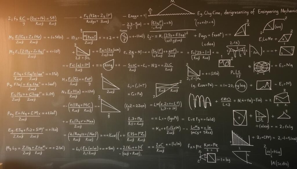 A chalkboard filled with meticulously handwritten engineering mechanics equations, diagrams, and schematics against a muted, textured background. The equations should cover the core principles of statics and dynamics, including forces, moments, equilibrium, kinematics, and kinetics. Lighting should be natural, warm, and slightly directional, creating subtle shadows and highlights that emphasize the depth and texture of the chalkboard surface. The camera angle should be slightly elevated, providing a clear, legible view of the entire board. The overall mood should be one of academic rigor, technical precision, and the beauty of fundamental mechanical engineering concepts.