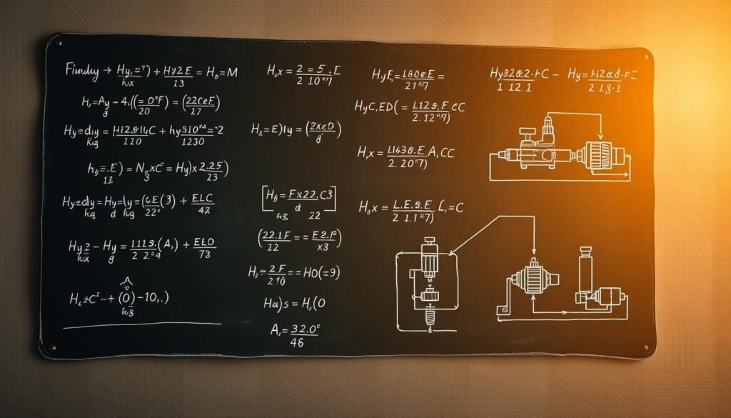 A chalkboard with intricate hydraulic equations and diagrams, illuminated by warm, focused lighting from the side. The equations are neatly written in white chalk, accompanied by technical illustrations of hydraulic components and systems. The background is a muted, textured surface, creating a sense of depth and emphasizing the clarity of the technical content. The overall composition conveys a scholarly, educational atmosphere, suitable for a mechanical engineering reference guide.