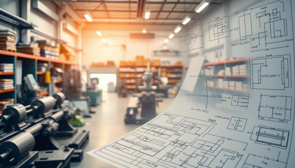 A clean, well-lit industrial workshop filled with engineering diagrams and technical schematics floating in the air. In the foreground, a detailed blueprint for a manufacturing process, with complex equations and formulas rendered in crisp lines and precise calculations. In the middle ground, various metalworking tools and equipment - lathes, milling machines, precision calipers - arranged in an orderly fashion. The background is a panoramic view of the workshop, with shelves of reference materials, engineering journals, and technical manuals lining the walls. Soft, diffused lighting casts a warm, technical glow over the scene, emphasizing the intricate details and technical nature of the "Manufacturing Processes: Cutting, Forming, and Quality Control Equations".