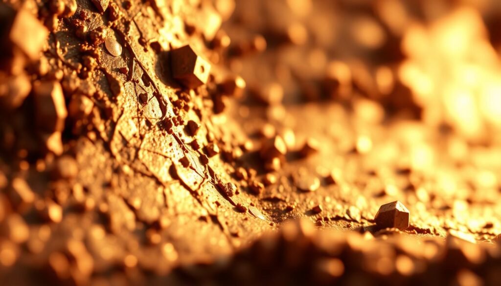A close-up view of a steel alloy composition, showcasing the intricate metallurgical structure. The foreground displays the crystalline lattice of iron, carbon, and other alloying elements, captured under a powerful microscope lens. The middle ground reveals the interplay of various phases, inclusions, and grain boundaries, while the background maintains a soft, hazy focus to emphasize the technical details. Warm, directional lighting casts subtle shadows, accentuating the depth and texture of the material. The overall mood is one of scientific precision and the inherent beauty of the metallic microstructure.
