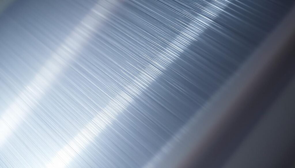A close-up view of stainless steel, its shiny metallic surface reflecting the light. The steel has a lustrous, polished appearance, with a subtle grain pattern visible. The image is well-lit, showcasing the material's natural beauty and the way it reacts to different lighting conditions. The focus is on the material's corrosion-resistant properties, with a slight blurred effect in the background to emphasize the subject. The overall mood is one of sleek, modern sophistication, highlighting the technical and practical advantages of stainless steel.