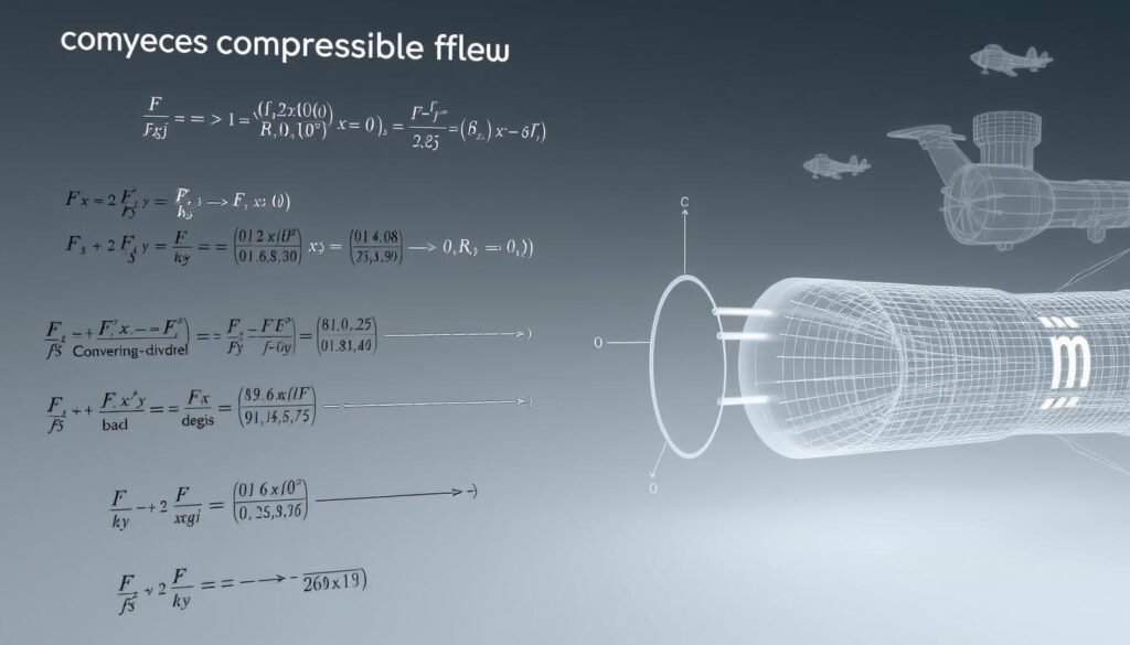 A complex diagram depicting the core compressible flow equations, rendered in a technical, scientific style. The foreground showcases the key mathematical formulas derived from the principles of fluid dynamics, such as the Bernoulli equation, continuity equation, and isentropic relations. The middle ground features detailed schematics of converging-diverging nozzles and shock waves, reflecting high-speed applications. The background subtly hints at the broader context, with faint wireframe models of aerodynamic shapes and velocity vector fields. Rendered with a muted color palette, clean lines, and precise geometrical elements to convey a sense of technical sophistication.