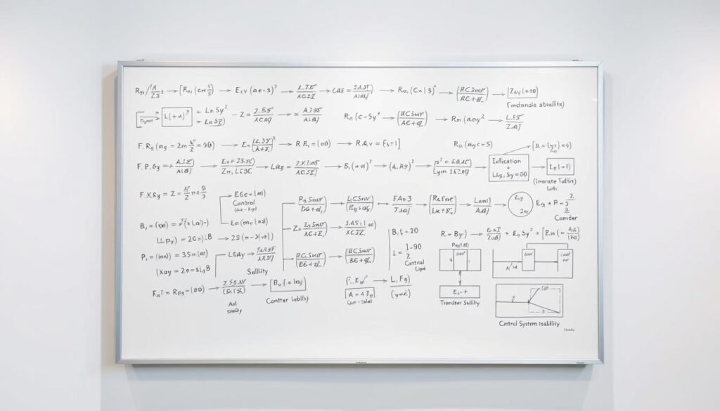 A complex diagram of control systems equations, displayed on a sleek, modern whiteboard against a clean, minimalist background. The equations are rendered in elegant, hand-drawn mathematical notation, balanced with clear diagrams and schematics illustrating key concepts like feedback loops, transfer functions, and system stability. Soft, directional lighting casts subtle shadows, emphasizing the depth and dimensionality of the layout. The overall atmosphere is one of technical proficiency, academic rigor, and engineering elegance, perfectly suited to illustrate the "Control Systems Basics for Mechanical Engineers" section.