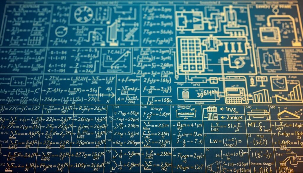 A complex diagram of interrelated energy systems equations, rendered in a technical blueprint style. In the foreground, a grid of mathematical formulas and variables, illuminated by crisp, directional lighting. In the middle ground, various schematics and diagrams depicting energy conversion processes, with clean, precise linework. The background features a sense of depth, with faded engineering diagrams and technical annotations, conveying a sense of comprehensive knowledge. The overall tone is one of scientific rigor and technical mastery, suitable for an authoritative mechanical engineering reference.