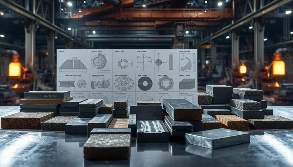 A comprehensive steel classification overview displayed on a sleek, metallic backdrop. In the foreground, a collection of steel samples in various grades and finishes, meticulously arranged to showcase their unique properties and applications. The middle ground features technical diagrams and schematics, highlighting the complex structural and chemical compositions that define each steel type. In the background, a dimly lit industrial environment with the glow of furnaces and the subtle hum of machinery, creating a sense of authority and expertise. Dramatic lighting casts dramatic shadows, emphasizing the weight and solidity of the steel specimens. The overall scene conveys a sense of precision, innovation, and the profound importance of steel in modern engineering and manufacturing.