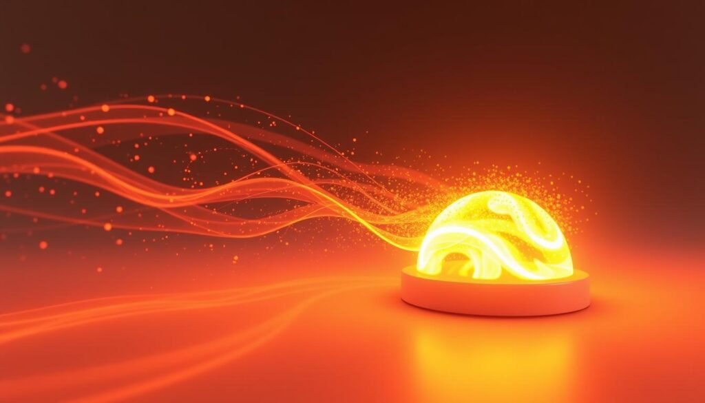 A detailed 3D illustration of the scientific concept of heat energy, depicting a glowing heat source radiating thermal energy in the form of waves and particles. The scene should have a clean, minimalist background with a focused central element, illuminated by a warm, diffused lighting setup that emphasizes the transfer of heat. Capture the essence of heat as a form of energy, with a crisp, high-resolution rendering that conveys the principles of thermodynamics in a visually captivating way.