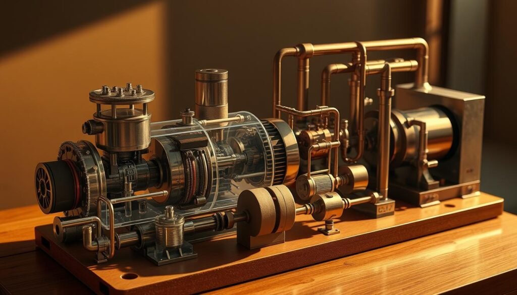 A detailed cutaway diagram of various thermodynamic systems, including a steam engine, a refrigeration unit, and a heat exchanger. The systems are rendered with precision and technical accuracy, showcasing their inner workings and components. The scene is illuminated by warm, directional lighting, casting shadows that accentuate the mechanical details. The perspective is slightly elevated, providing an overview of the different systems and their interconnections. The mood is one of scientific exploration, inviting the viewer to delve into the principles of thermodynamics and how these systems convert heat into useful work.