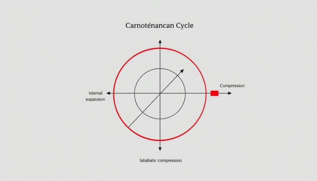 A detailed diagram of the Carnot cycle, illustrating the four key thermodynamic processes: isothermal expansion, adiabatic expansion, isothermal compression, and adiabatic compression. Rendered in a technical, engineering style with precise lines, gradients, and annotations. The diagram is set against a neutral, minimalist background, allowing the cycle to be the central focus. Carefully crafted to convey the underlying principles of energy conversion and the relationship between temperature, pressure, and volume changes. The overall tone is informative and educational, suitable for inclusion in a scholarly article on thermodynamics.