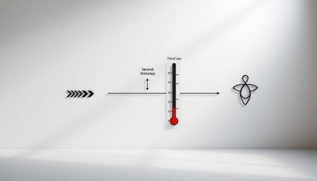 A detailed diagram of the four laws of thermodynamics, depicted against a clean, minimalist background. The first law, represented by a heat transfer arrow, the second law by a graphical illustration of entropy, the third law by a temperature scale, and the fourth law by a unified symbol. The scene is lit by soft, directional lighting, creating depth and emphasizing the technical nature of the subject matter. The composition is balanced, with the individual laws arranged in a visually striking manner to convey the interconnected principles of this fundamental branch of physics.