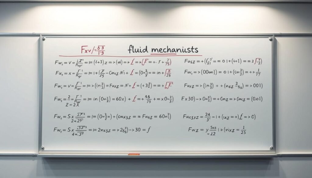 A detailed, realistic illustration of fluid mechanics equations, showcasing the key formulas and relations in the field. The equations are neatly displayed on a whiteboard or chalkboard, rendered in a photorealistic style with accurate mathematical notation and symbols. The board is placed in a well-lit, minimalist academic setting, such as a university classroom or laboratory, with subtle lighting and depth of field effects to draw the viewer's attention to the equations. The composition emphasizes the technical and educational nature of the subject matter, presenting the information in a clear and organized manner suitable for an engineering reference guide.