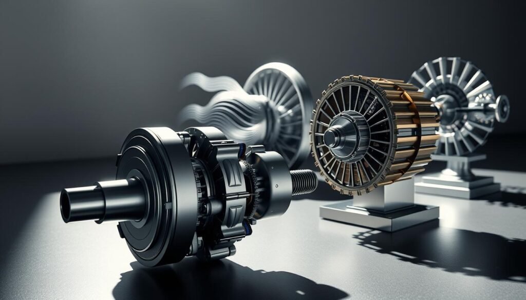 A detailed rendering of various heat engine mechanisms, captured in a crisp, technical illustration. In the foreground, a cutaway view of a piston-driven internal combustion engine, its components precisely depicted. In the middle ground, a turbine engine with flowing air currents visualized, showcasing the principles of gas turbine power generation. In the background, a Stirling engine model, its displacer and power pistons elegantly interacting to convert thermal energy into rotational motion. The scene is illuminated by strong directional lighting, casting sharp shadows that accentuate the intricate engineering. The overall mood is one of scientific precision and functional elegance, befitting the exploration of thermodynamic principles.