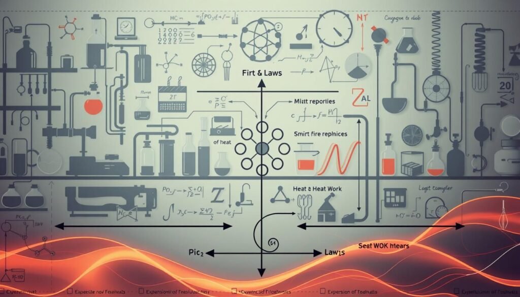 A detailed scientific diagram depicting the fundamental principles of thermodynamics. In the foreground, a schematic representation of the first and second laws, with arrows and equations illustrating the conversion of heat into useful work. In the middle ground, stylized imagery of thermodynamic processes like expansion, compression, and heat transfer, surrounded by molecular models and mathematical symbols. In the background, a muted color palette of scientific instrumentation, laboratory equipment, and abstract thermal gradients, creating a sense of depth and technical sophistication. Rendered with a clean, technical aesthetic using a combination of photorealistic and illustrative elements, the image conveys the elegance and rigor of the science of thermodynamics.