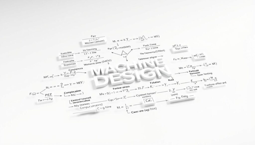 A detailed technical illustration depicting machine design formulas on a clean white background. Centered in the frame is a three-dimensional rendering of various mechanical engineering equations and calculations, including formulas for fatigue life, fastener stress, and component sizing. The equations are presented in a clear, legible font with annotations highlighting the key variables and parameters. The lighting is soft and evenly distributed, with subtle shadows adding depth and dimension to the scene. The overall aesthetic is one of precision, order, and scientific rigor, befitting the subject matter of this mechanical engineering reference guide.