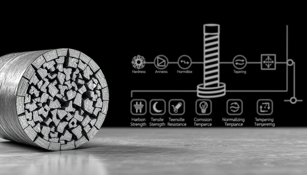 A detailed, technical illustration of carbon steel properties. The foreground depicts a cross-section of a carbon steel alloy, showcasing its microstructure and key characteristics such as grain size, carbon content, and the presence of cementite and ferrite phases. In the middle ground, various property icons are displayed, including hardness, tensile strength, corrosion resistance, and wear resistance. The background features a minimalist, technical diagram of the heat treatment process, highlighting the phases of annealing, normalizing, and tempering. The overall mood is one of scientific precision and technical expertise, with a clean, monochromatic color palette and sharp, high-contrast lighting to emphasize the material's properties.