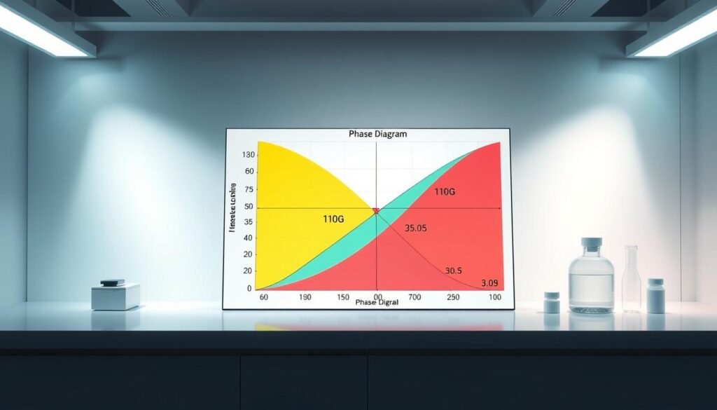 A detailed, technical illustration of phase diagram relations, showcasing the interplay between temperature, pressure, and material composition. The scene should depict a clean, minimalist laboratory setting, with a prominently featured phase diagram chart on a sleek, modern display. The chart should be meticulously rendered, with clear, legible labels and a color scheme that highlights the key regions and transitions. Subtle lighting should accentuate the three-dimensional nature of the diagram, creating a sense of depth and scientific sophistication. The overall atmosphere should convey a sense of scientific authority and precision, suitable for inclusion in a comprehensive mechanical engineering reference guide.