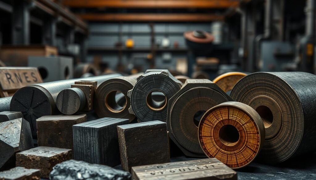 A high-contrast, macro-style photograph showcasing an array of different steel samples. The foreground features a range of steel types, including stainless steel, carbon steel, tool steel, and alloy steel, each with distinct textures, colors, and surface finishes. The middle ground depicts the cross-sections of these steel samples, revealing their internal structures and grain patterns. In the background, a dimly lit industrial setting provides context, with subtle shadows and highlights accentuating the metallic sheen of the steel. The overall composition emphasizes the diversity, complexity, and technical nature of the different steel types, creating a visually captivating and informative image.