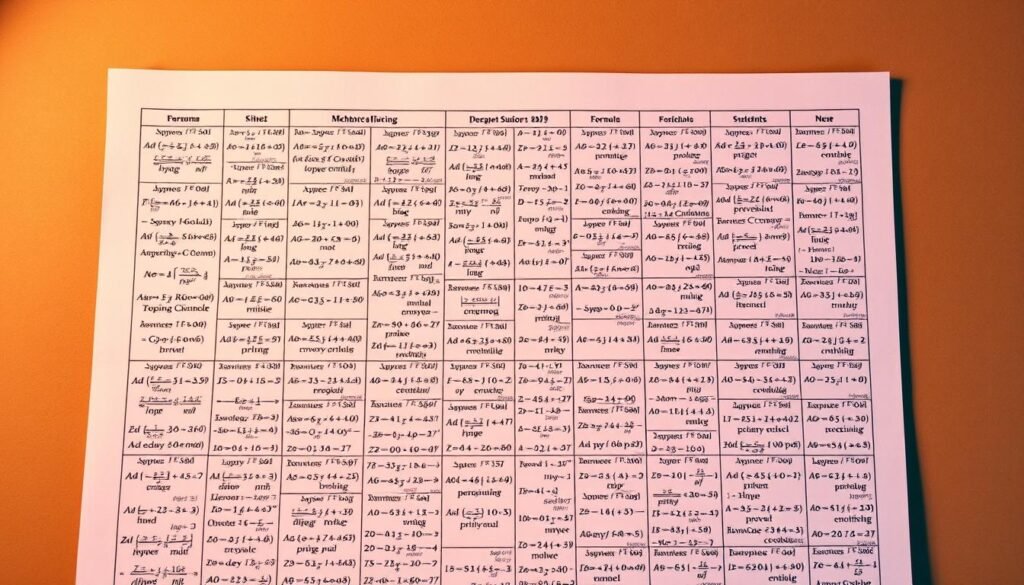 A highly detailed and technical mechanical engineering formula sheet, presented in a clean and organized layout against a warm, muted background. The sheet features a collection of key equations and formulas, neatly arranged in a grid-like structure, rendered with precision and clarity. Subtle lighting casts soft shadows, enhancing the depth and dimensionality of the document. The overall composition conveys a sense of authority and academic rigor, suitable for inclusion in a comprehensive mechanical engineering reference guide.