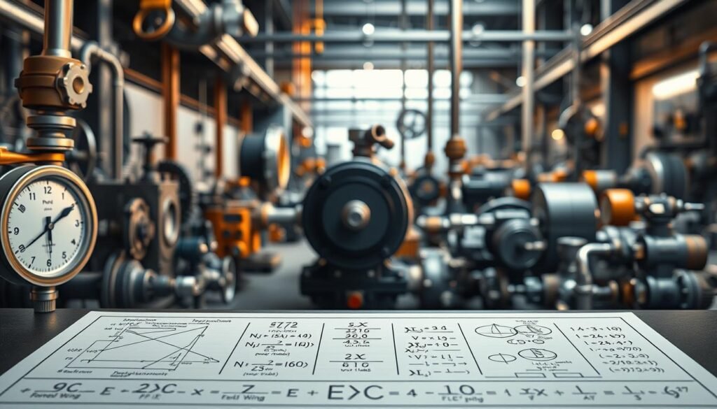 A highly detailed technical illustration of instrumentation equations, rendered with a photorealistic style and crisp clarity. The foreground features a precise technical diagram showcasing various measurement devices and their corresponding mathematical formulas, presented in a clean and organized layout. The middle ground includes contextual mechanical engineering elements such as gears, valves, and other industrial equipment, while the background depicts a softly blurred industrial setting with metallic textures and muted lighting to establish an authoritative, scholarly atmosphere. The entire scene is captured from a slightly elevated perspective, creating a sense of depth and emphasizing the precision and importance of the subject matter.
