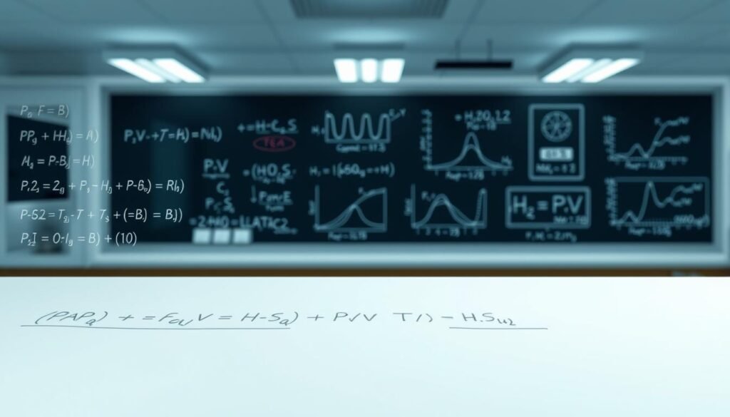 A meticulously rendered image of thermodynamics equations, presented in a clean, academic style. The foreground features a series of mathematical expressions and formulas elegantly arranged on a whiteboard or chalkboard surface, with clean lines and precise typography. The middle ground showcases various thermodynamic diagrams and visualizations, such as P-V, T-S, and H-S charts, all rendered with a high level of detail and scientific accuracy. The background subtly suggests a well-lit, modern laboratory or classroom setting, with soft, directional lighting that casts gentle shadows and highlights the technical content. The overall mood is one of intellectual rigor and educational focus, inspiring a deeper understanding of the fundamental laws and property relations of thermodynamics.
