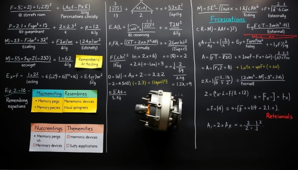 A neatly organized blackboard filled with mechanical engineering formulas, mathematical symbols, and visual mnemonics. The foreground features color-coded sections with tips and techniques for remembering key equations, such as using memory pegs, mnemonic devices, and visual associations. The middle ground showcases a 3D model of a machine component, rotating slowly to demonstrate the practical application of the formulas. The background is dimly lit, with focused studio lighting illuminating the blackboard and creating dramatic shadows, conveying a sense of focused study and deep learning. The overall mood is one of structured, technical knowledge paired with helpful learning strategies.