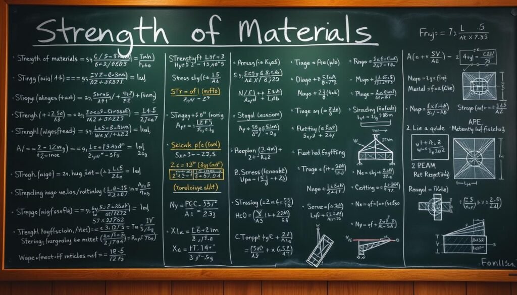 A neatly organized chalkboard displaying a collection of strength of materials formulas and diagrams. The formulas are written in a clear, legible font, with detailed illustrations and diagrams to accompany them. The chalkboard is illuminated by a warm, soft light, creating a contemplative and educational atmosphere. The formulas cover a range of topics, including stress, strain, bending, torsion, and other fundamental principles of structural analysis. The layout is well-structured, with the formulas and diagrams arranged in a visually appealing and easy-to-understand manner, making this the perfect reference for any mechanical engineering student or professional.