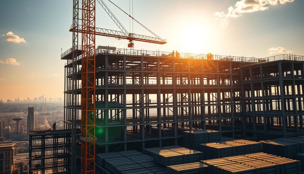 A towering construction site, bathed in warm, golden light. In the foreground, a crane gracefully lifts a gleaming steel beam, its metallic surface reflecting the sun's rays. Surrounding it, workers in hard hats diligently weld and assemble the skeletal framework of a modern high-rise, their movements precise and coordinated. In the middle ground, rows of stacked steel girders and columns await their place in the structure, their rigid forms a testament to the immense strength and versatility of this essential building material. In the background, the city skyline rises, a testament to the pivotal role steel plays in shaping the urban landscape.
