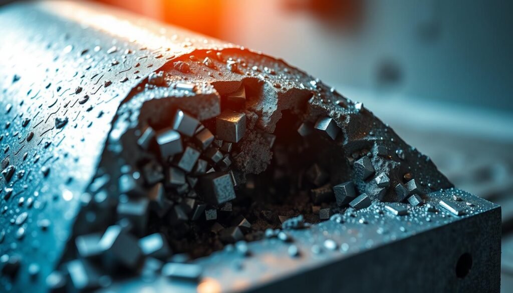 Alloy steel properties: a detailed cross-section showcasing the intricate internal structure. In the foreground, lustrous metal grains and crystalline formations glisten under cool, directional lighting. In the middle ground, a magnified view reveals the complex interplay of alloying elements - chromium, nickel, molybdenum - creating a reinforced, high-strength matrix. The background fades into a muted, technical backdrop, hinting at the precise engineering and metallurgical processes involved. Captured with a macro lens for maximum clarity, this image conveys the advanced, precision-engineered nature of alloy steels.