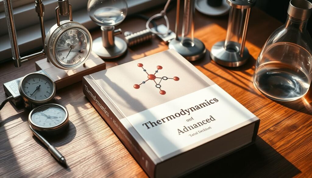 An advanced textbook on a wooden desk, surrounded by scientific instruments - a thermometer, a graduated cylinder, and a Bunsen burner. The cover depicts a molecular diagram, symbolizing the principles of thermodynamics. Soft, natural lighting illuminates the scene, casting warm shadows across the surface. The overall mood is one of scholarly exploration and academic inquiry, inviting the viewer to delve into the fascinating world of thermodynamics.