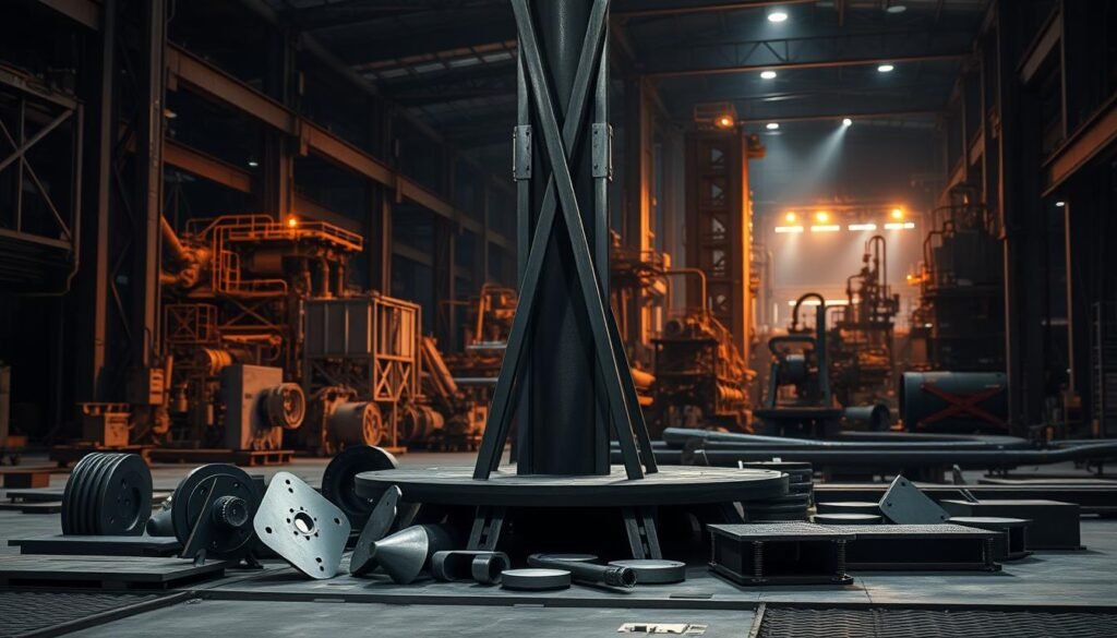 An intricate metal sculpture featuring a central column of intersecting steel beams, casting dramatic shadows and highlights across a sleek, industrial landscape. The foreground showcases a variety of steel components, from polished plates to textured girders, artfully arranged to illustrate the versatility and structural integrity of this essential material. In the background, a dimly lit factory setting with towering machinery and a warm, amber glow evokes the power and precision of steel manufacturing. Captured with a wide-angle lens and dramatic lighting to convey the grandeur and importance of steel in engineering and construction.