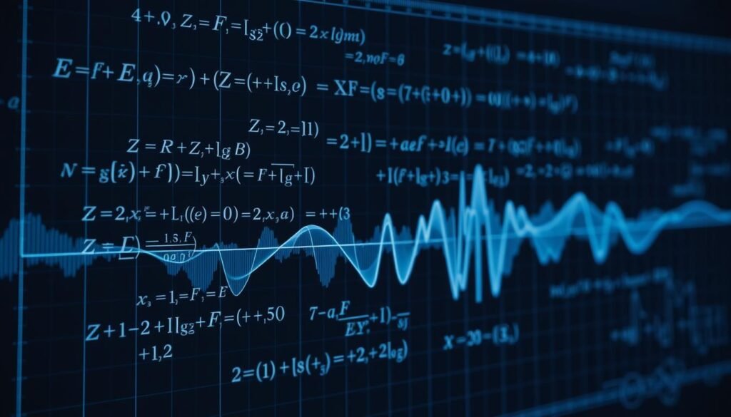 Detailed vibration equations floating in a well-lit, high-resolution technical diagram. Crisp, precise mathematical expressions and waveform visualizations rendered in shades of blue and gray, against a dark background with subtle grid lines. Camera positioned at a slight angle to provide depth and perspective, capturing the complexity and interconnectedness of the various vibration concepts. Careful balance of realism and aesthetic appeal to complement the article's technical subject matter.